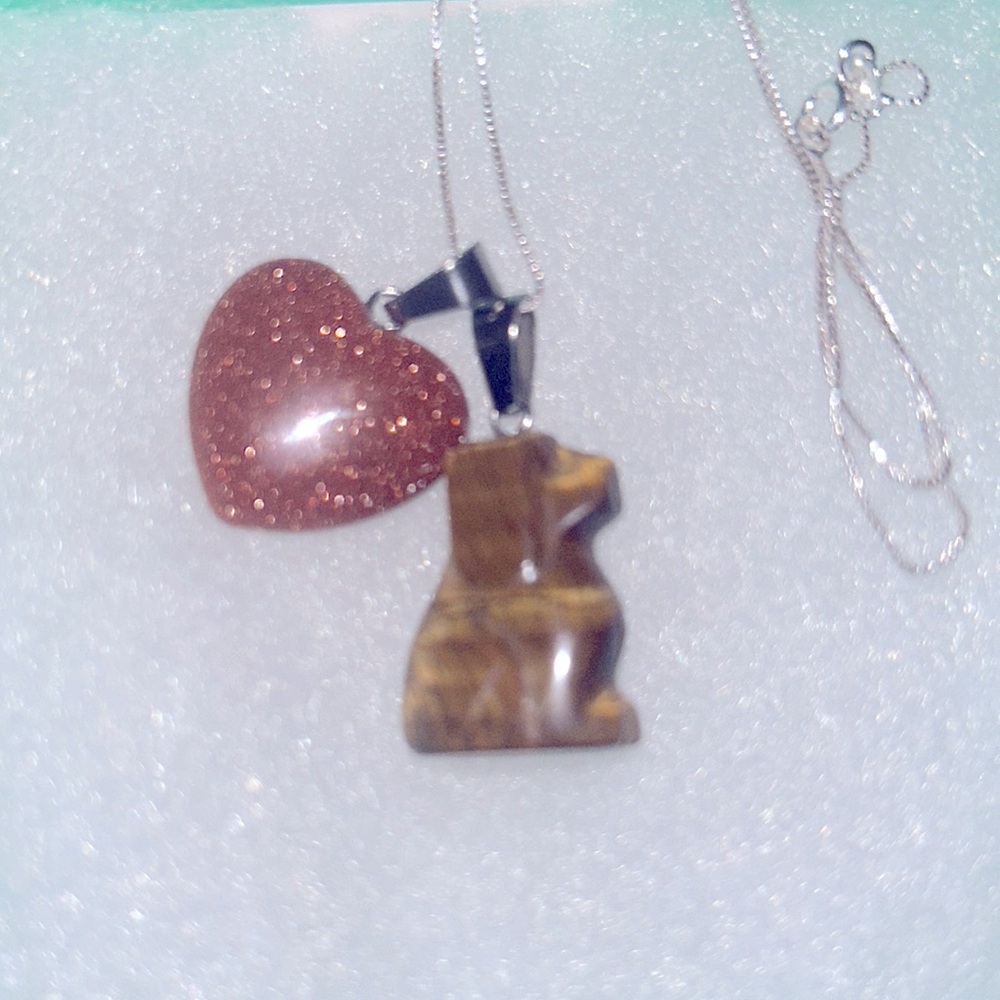 Boho Hippie Goldstone love heart & Tigers Eye Sterling Silver Necklace 16”